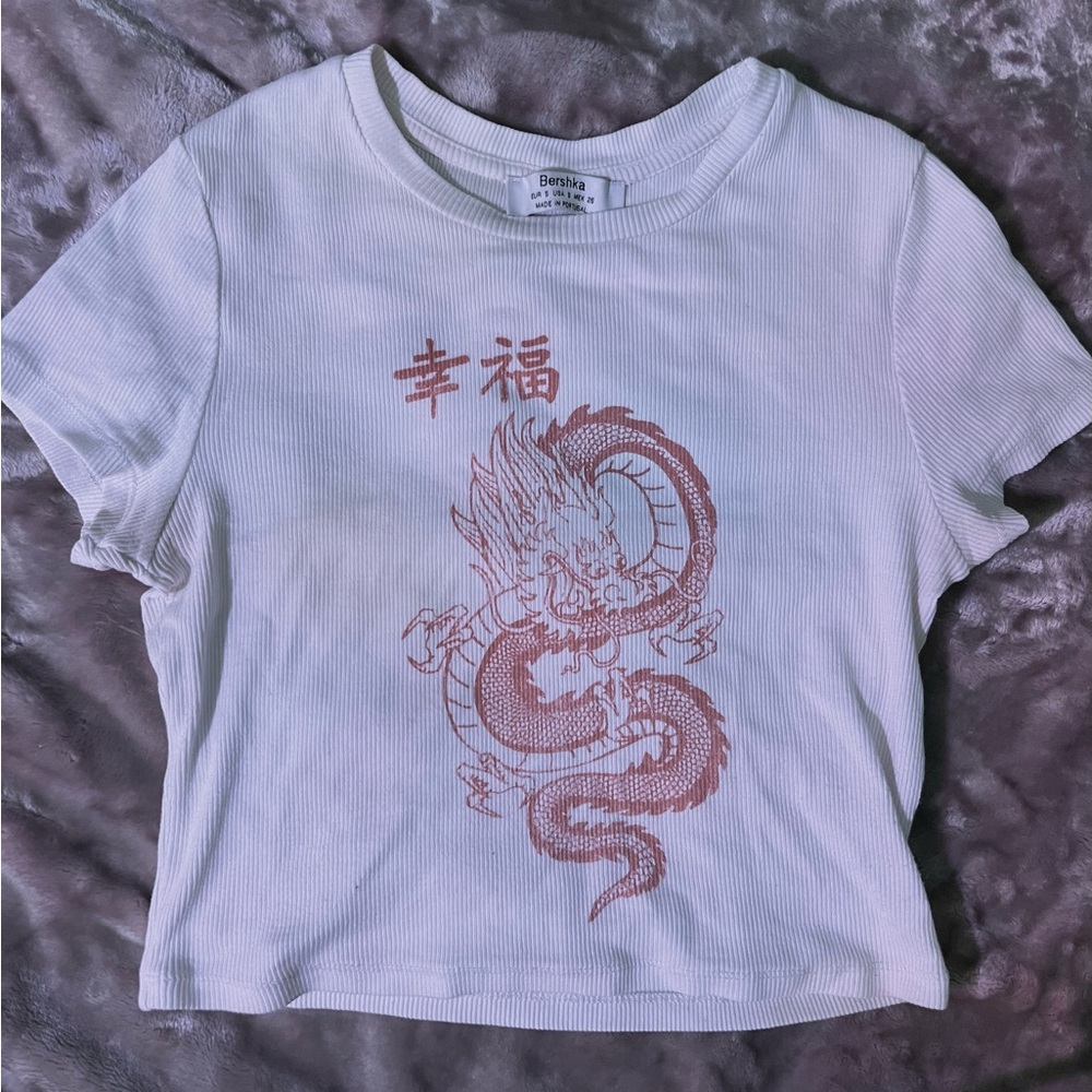 BERSHKA | Dragon Print White Tshirt